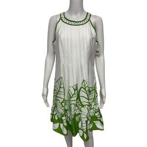 K Studio Collection Women's Sleeveless White & Green Pleated Floral Dress Size 8